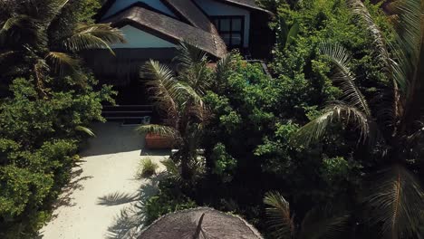 Vídeo-De-Drone-De-Una-Villa-Tropical-En-Las-Maldivas,-Palmeras-Verdes,-Clima-Soleado,-Piscina-De-Agua-Turquesa,-Vida-Isleña,-4k