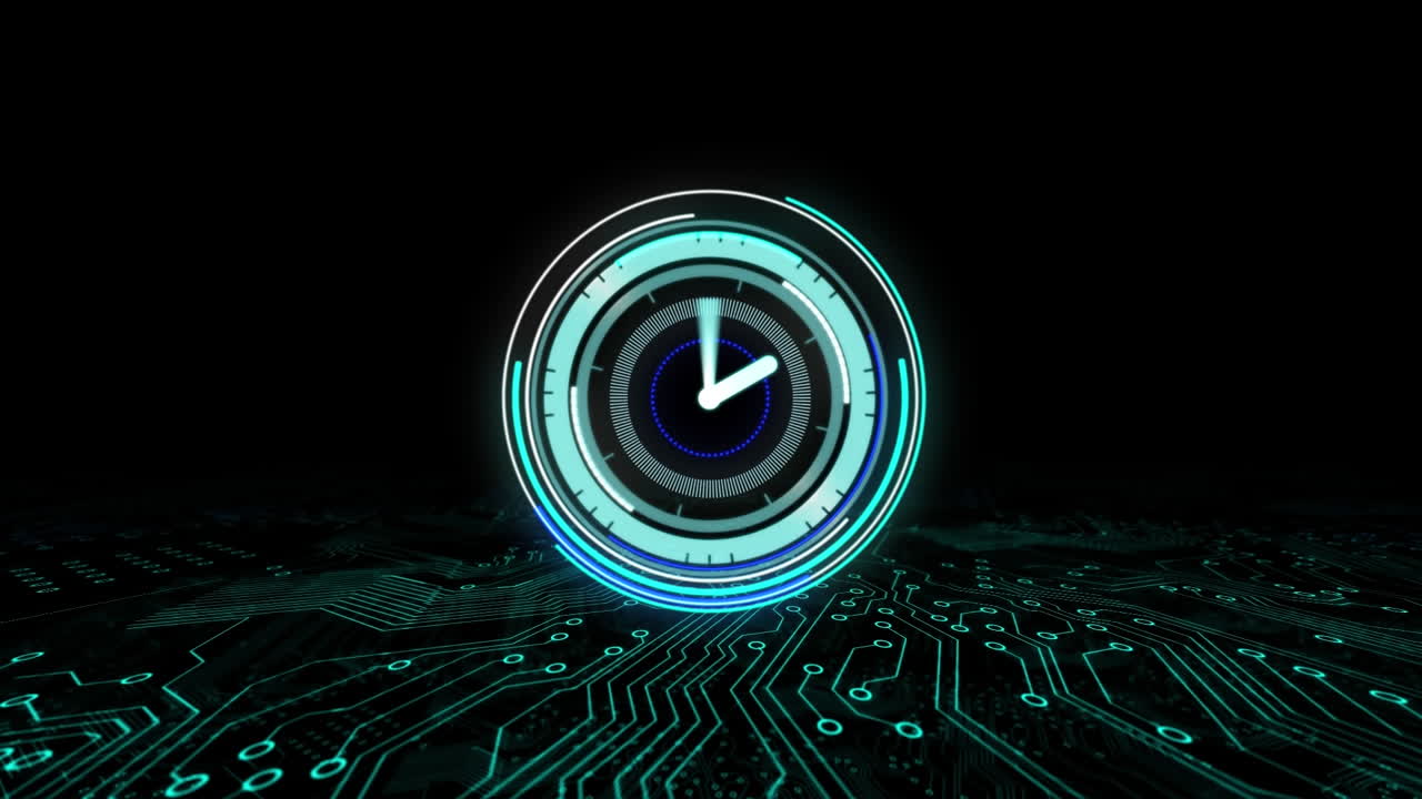 Animation of scope scanning with clock over digital interface on black background