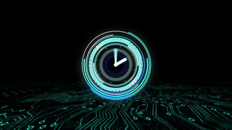 animación de escaneo de alcance con reloj sobre interfaz digital en fondo negro