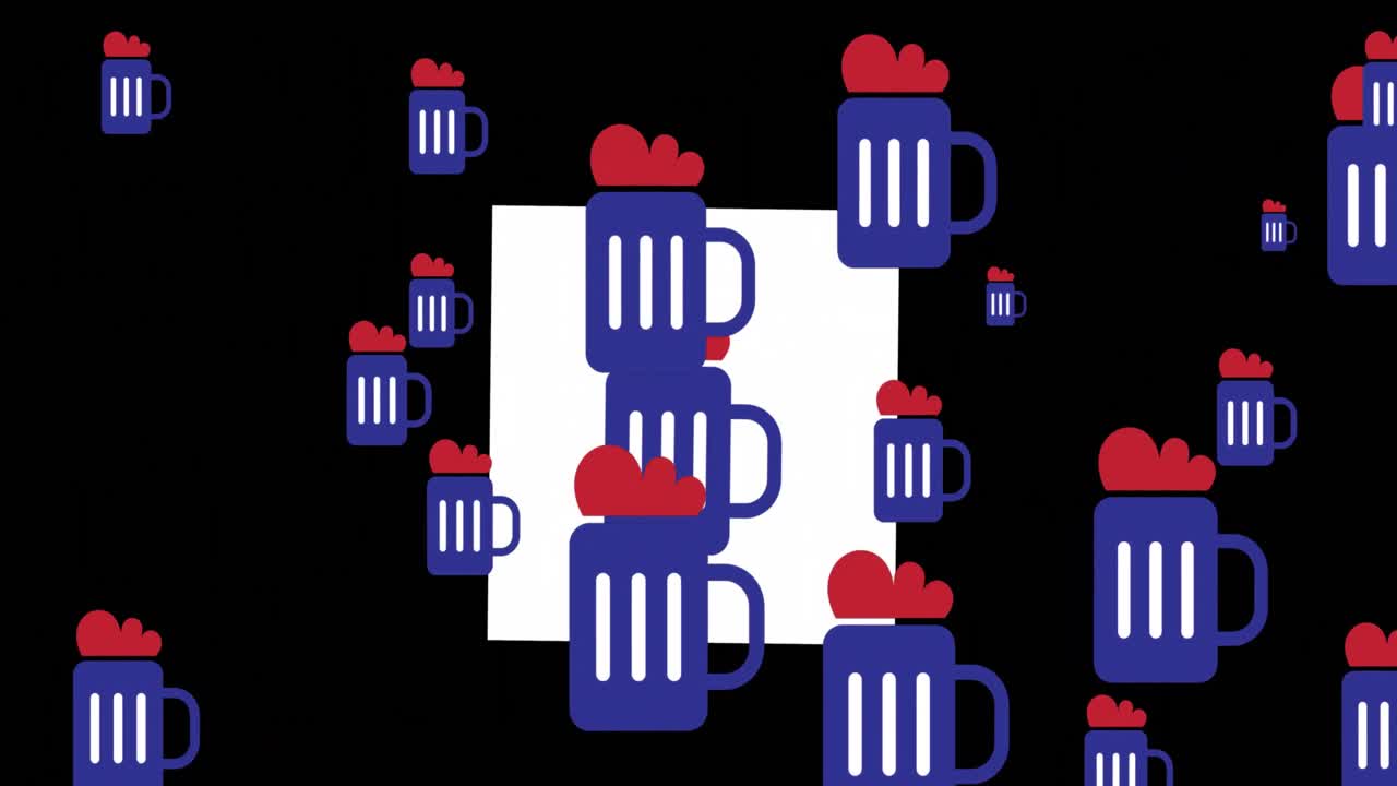 animación de copas de cerveza en los colores rojo y azul de la bandera de los estados unidos de américa