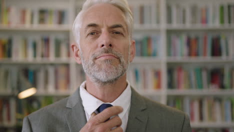 retrato de un hombre de negocios profesional en la biblioteca ajustando su corbata un caballero arquitecto profesor conferenciante