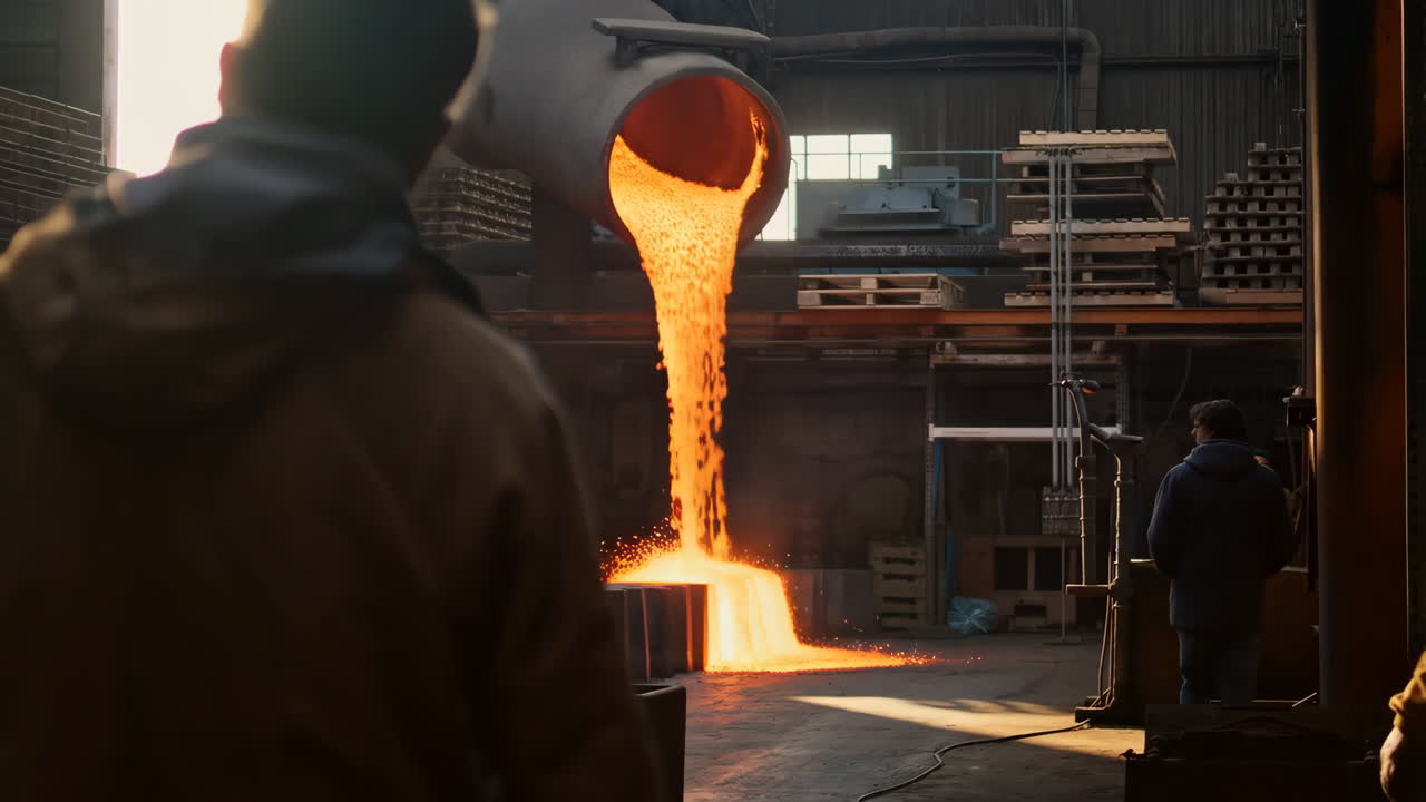 Versamento di metallo fuso in una fonderia industriale