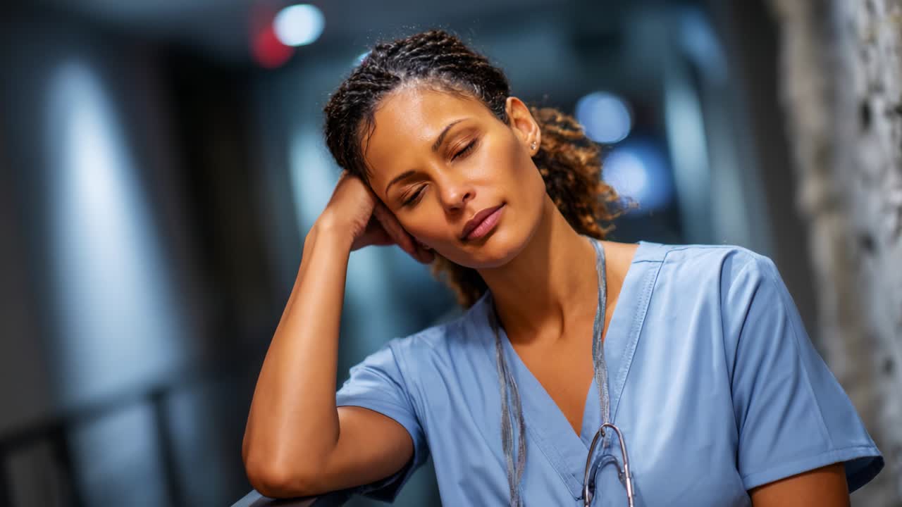 A Compassionate Healthcare Professional Reflects on Her Day, Balancing Emotion and Professionalism with a Gentle Smile, Ready to Face New Challenges Ahead in a Hospital Setting