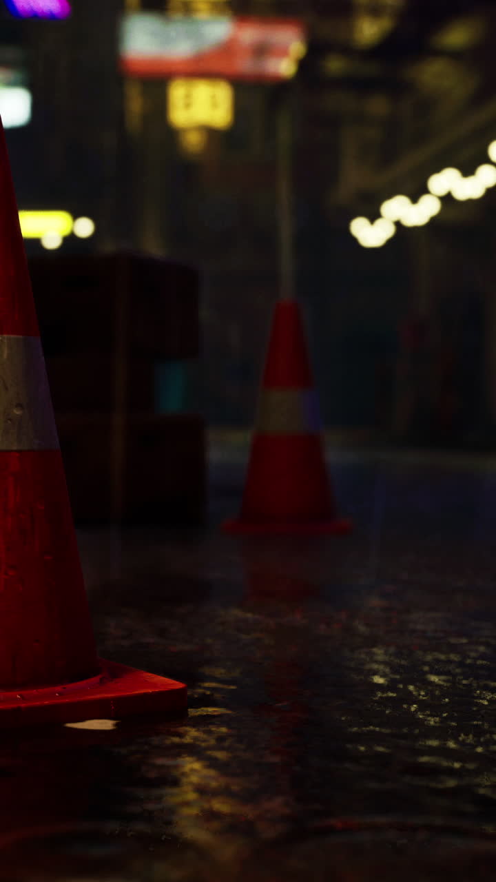 밤에 은 거리에서 두 개의 교통 콘