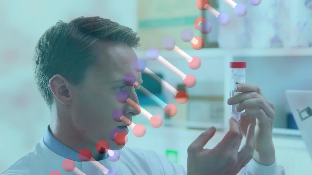 백인 의사와 대조하여 dna를 회전시키는 애니메이션 실험실에서 플을 확인