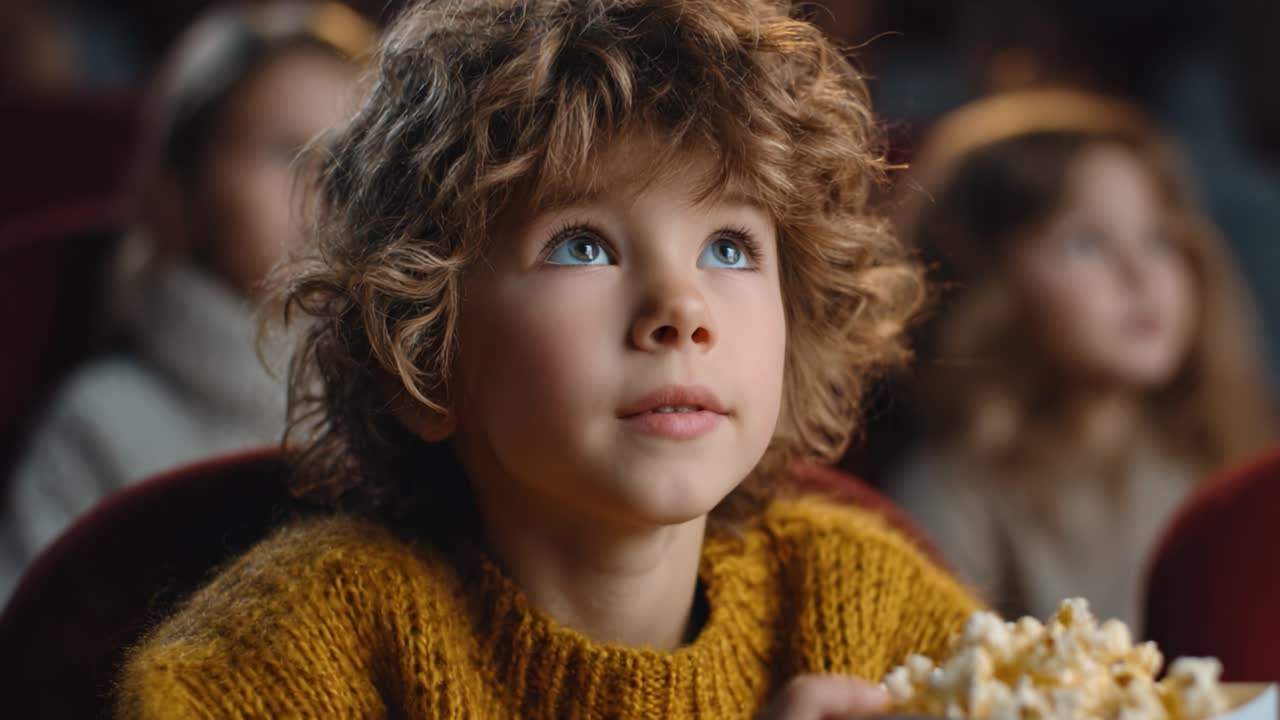 Captivated Child in Movie Theater: A Young Boy's Fascination with Film, Enjoying Popcorn and Immersed in Storytelling Moments