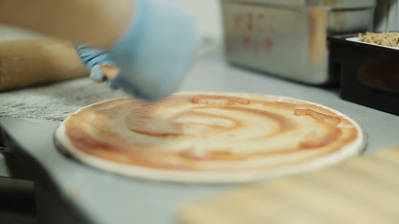 Chef Baker Cook Pizza. Closeup hand of chef baker making pizza at kitchen