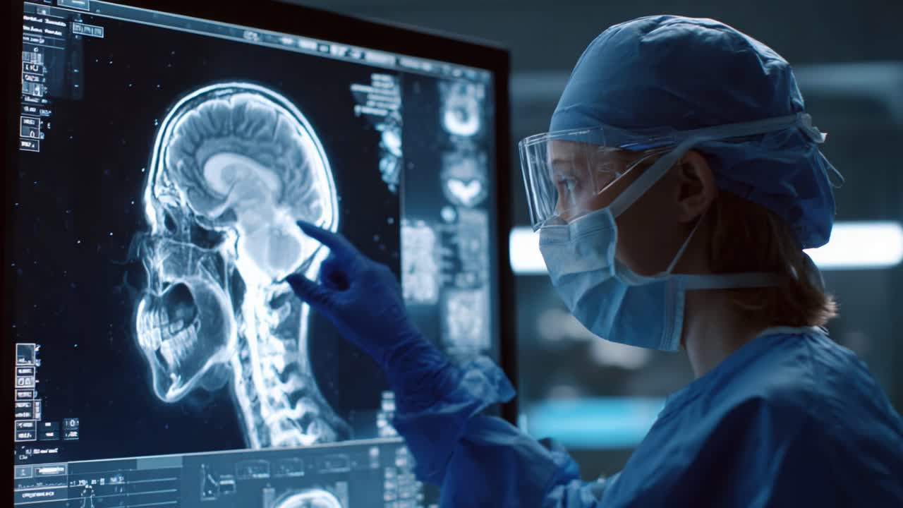Healthcare Professional Analyzing Advanced Brain Imaging on a High-Tech Screen in a State-of-the-Art Medical Facility, Focusing on Neurological Research and Diagnosis