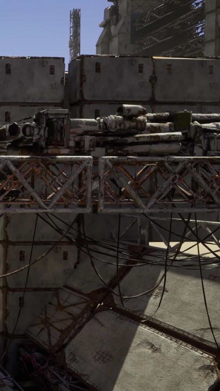 Close up of industrial machines in a worn location with structures
