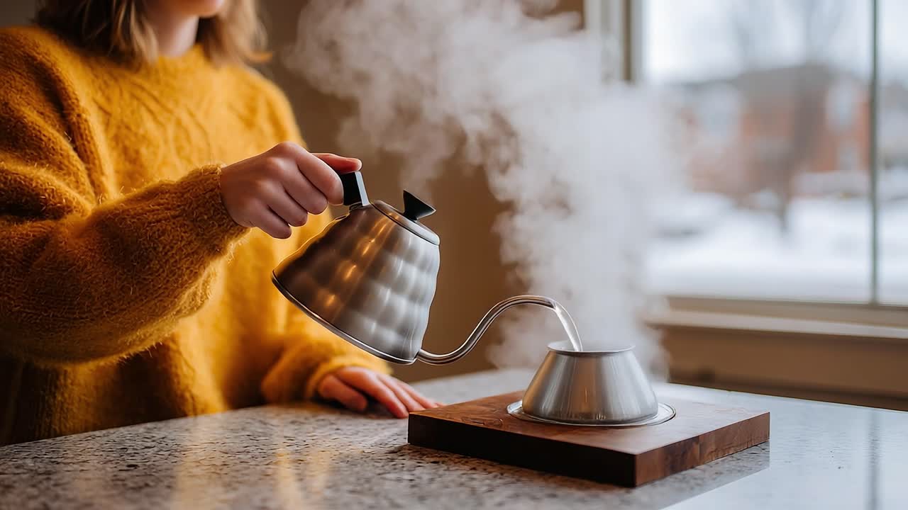 A Cozy Scene of Tea Brewing: An Elegant Kettle Pouring Hot Water Over Fresh Grounds as Steam Rises, Capturing the Essence of Warmth and Comfort in the Kitchen
