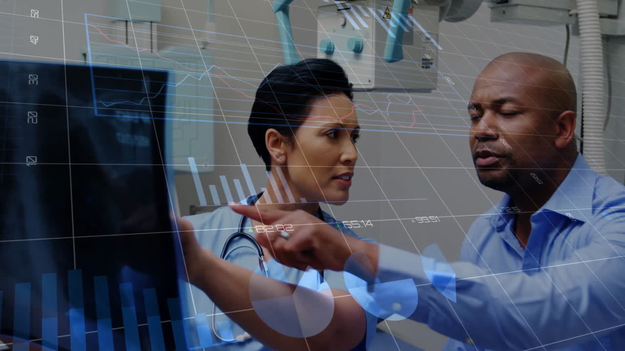 female radiologist and male tech reviewing imaging in radiology, with graphs and data overlays