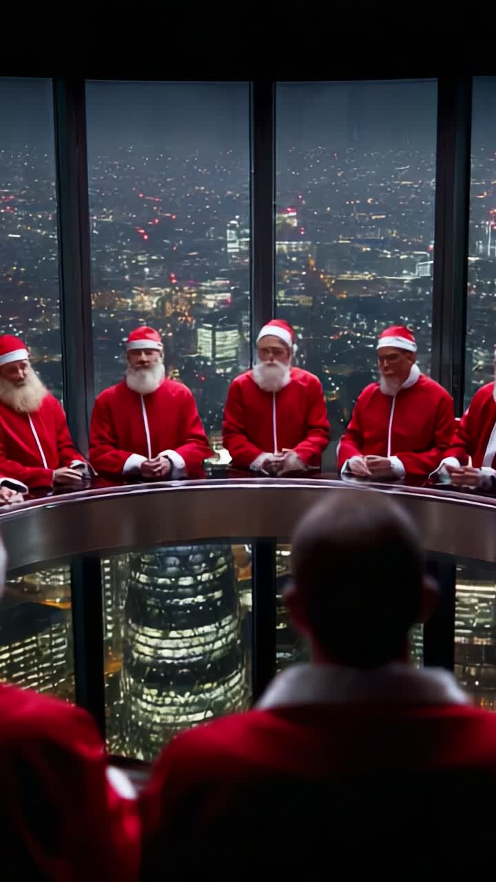 A festive gathering of individuals dressed as Santa Claus, seated around a modern conference table with a panoramic view of a city skyline at night, celebrating the holiday spirit and camaraderie among them