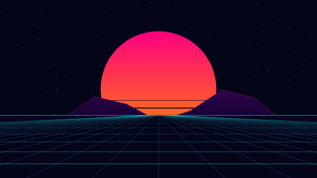 Paesaggio in stile Retro Synthwave con sole luminoso e griglia
