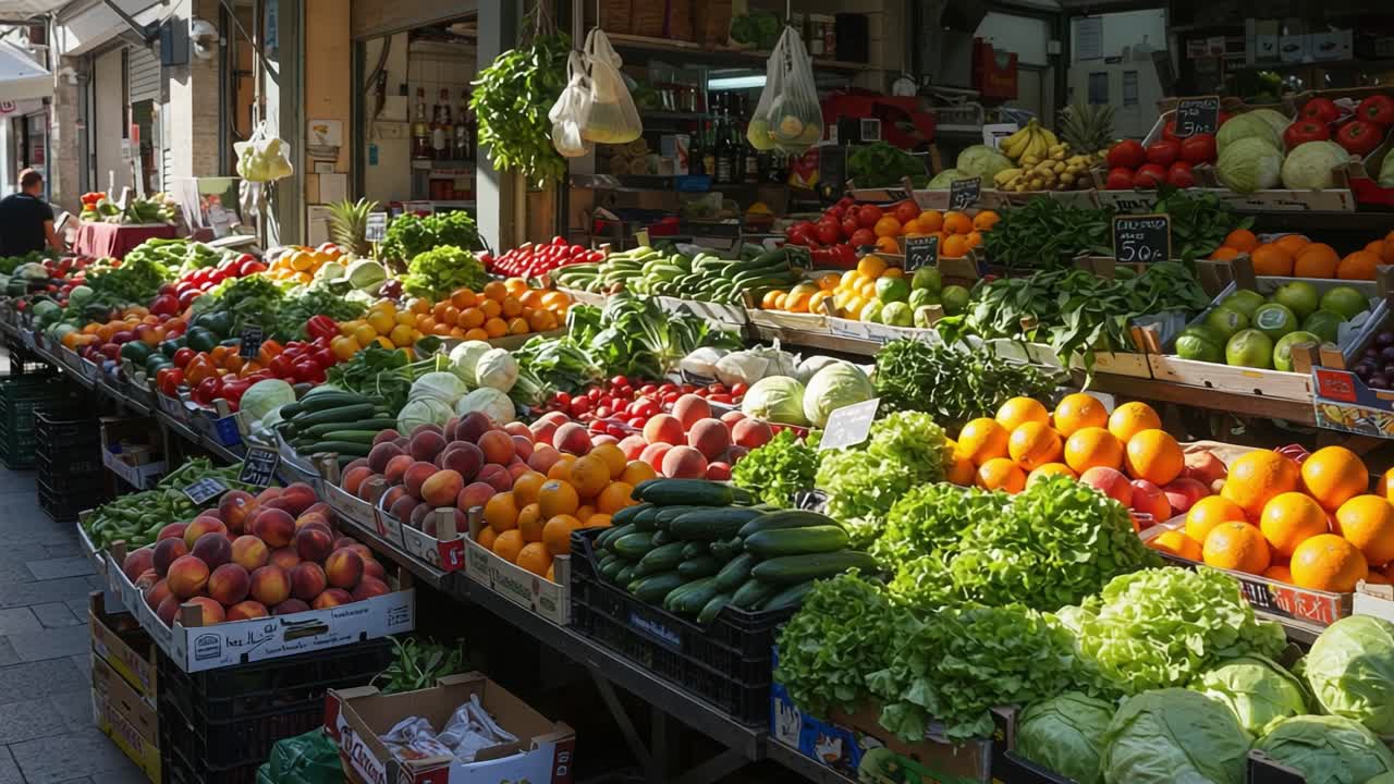 A Vibrant Market Display Featuring an Abundance of Fresh Fruits and Vegetables, Showcasing a Colorful Array of Produce in a Bustling Marketplace Atmosphere