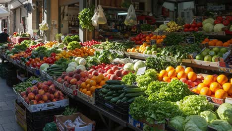 a vibrant market display featuring an abundance of fresh fruits and vegetables, showcasing a colorful array of produce in a bustling marketplace atmosphere