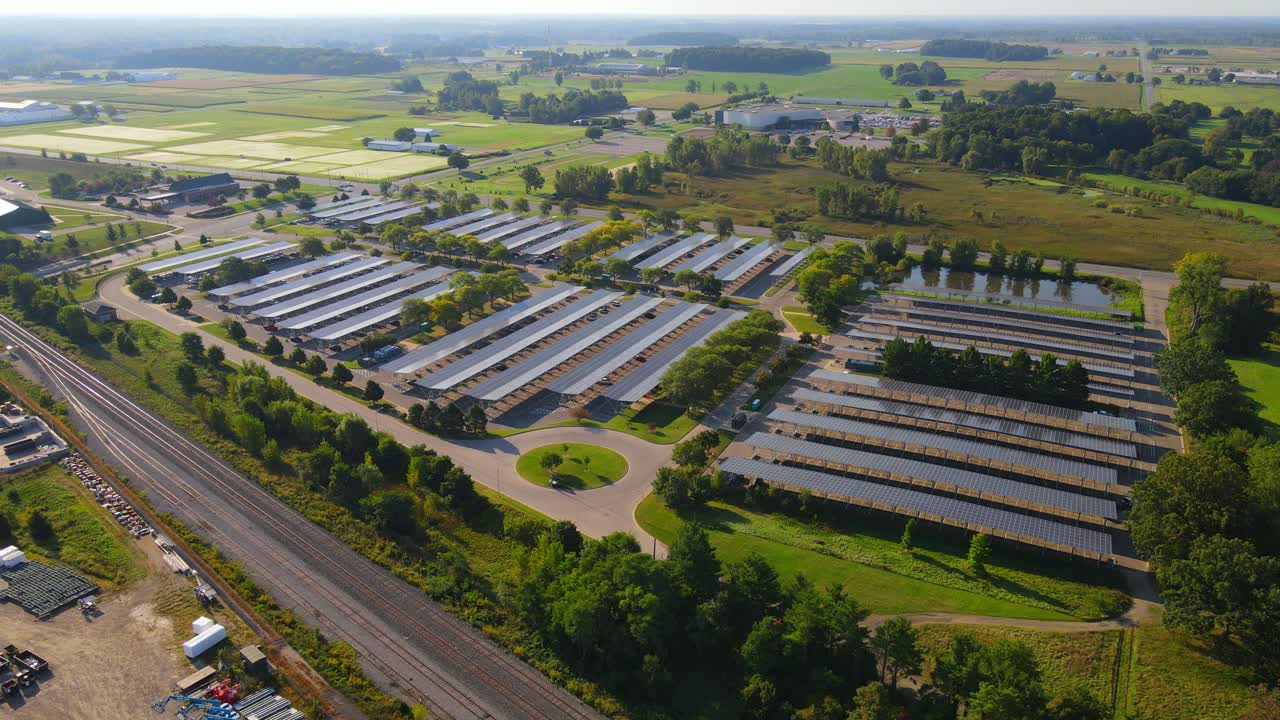 Solar-covered parking lot in Michigan State University (MSU) campus, aerial drone view