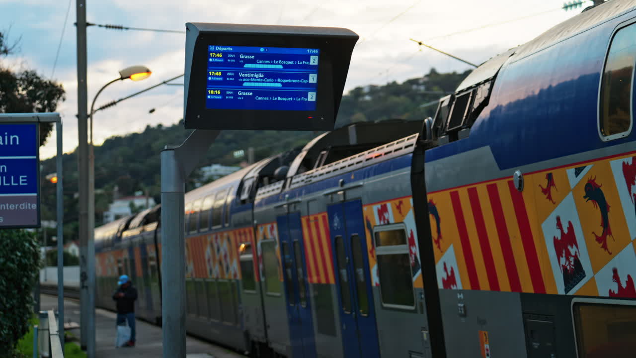 Nice, France - February 4, 2025: Trains moving on the rails in the Nice Ville Central train station