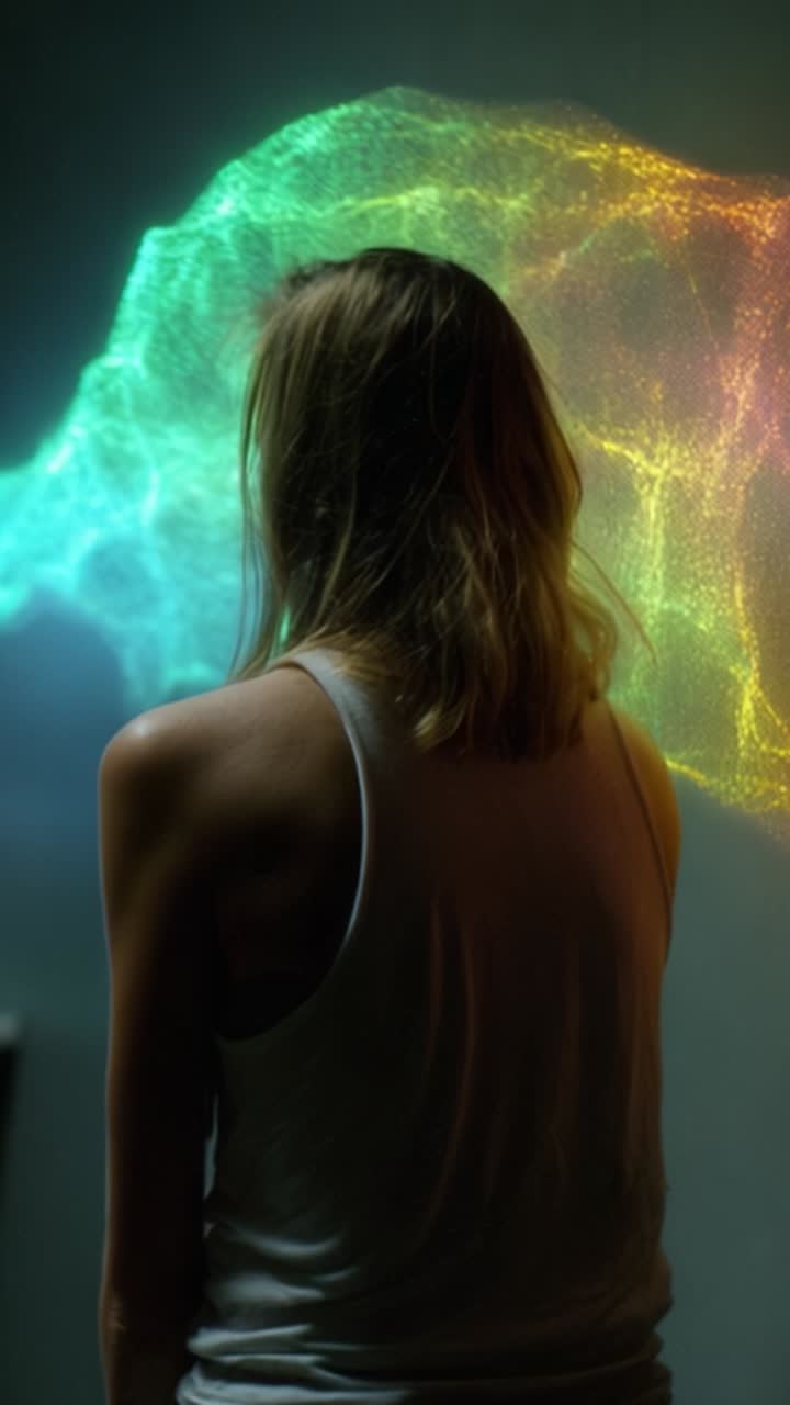Um vislumbre de experiências visuais imersivas: Um jovem interagindo com realidade aumentada e uma exibição envolvente de cores e padrões dinâmicos.