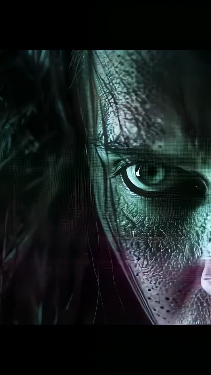 Vertical video: Shifting woman revealing cracked skin and right eye on dark set with overlay fading