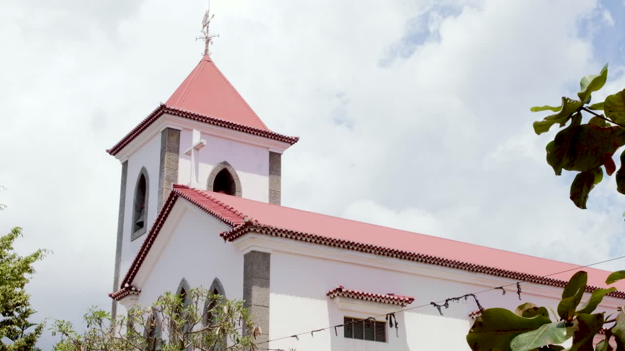 A closeup of the tower of Motael Church in the capital Dili, Timor Leste, Southeast Asia