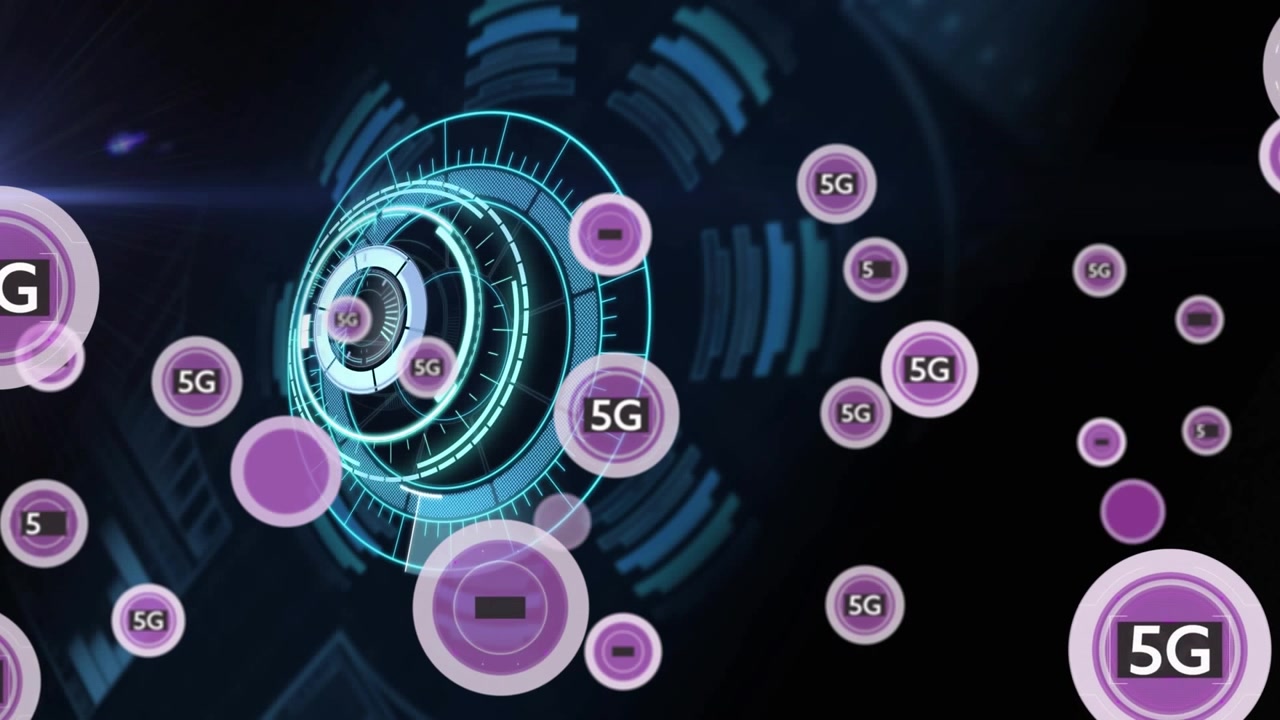 Animation of multiple round banner with 4g and 5g text against round scanner with data processing