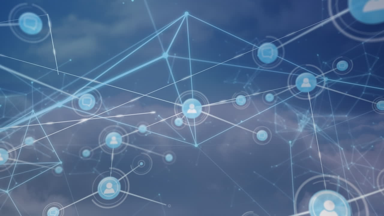 animación de la red de conexiones con iconos sobre el cielo