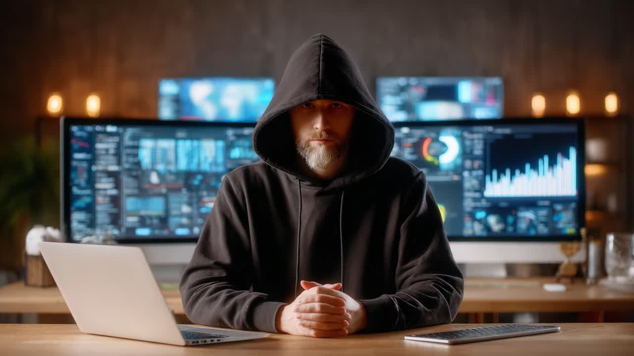 Una figura misteriosa con una felpa con cappuccio è seduta con sicurezza davanti a diversi monitor, immersa in un ambiente digitale intrigante con visualizzazione di dati analitici