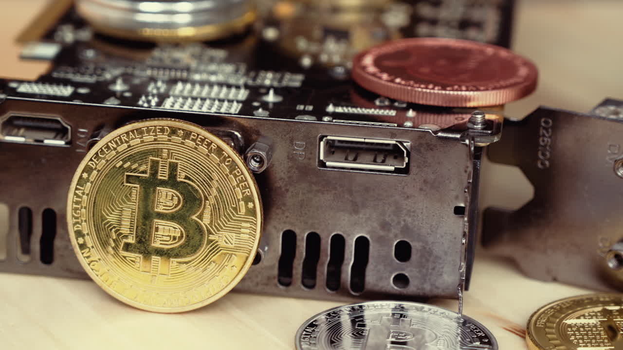 Composition with golden and silver bitcoin crypto money, dollars and computer graphic mining cards