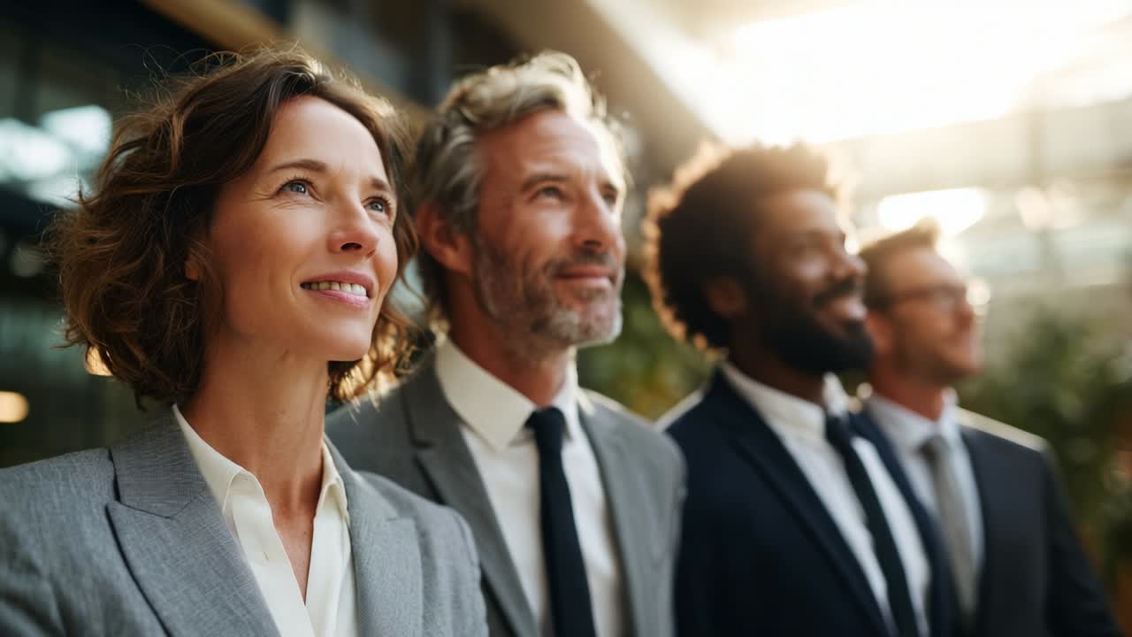 A group of professionals stands confidently, gazing upward with determination in their eyes, capturing a moment of inspiration and ambition in a contemporary office environment illuminated by soft sunlight