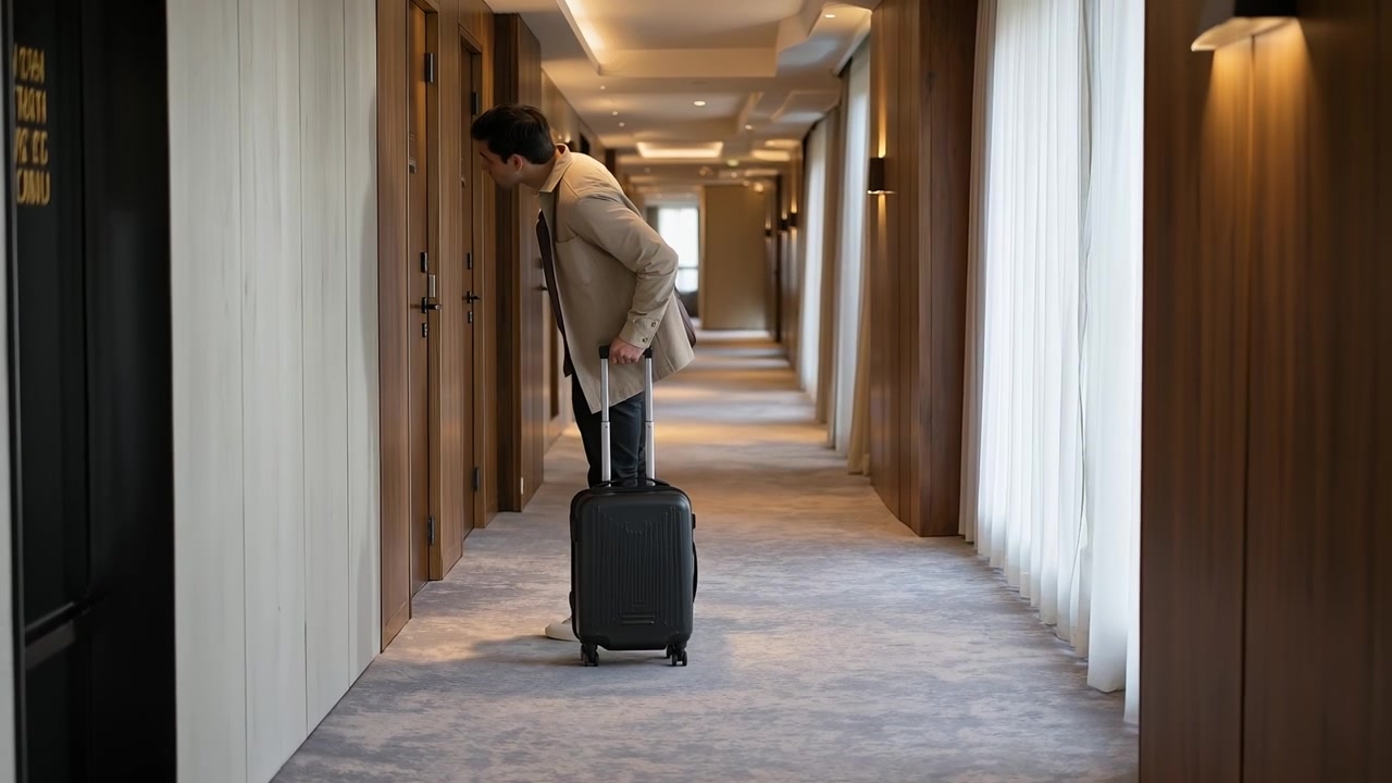 Mann, der einen Koffer trägt, während er einen langen Flur in einem Luxushotel entlanggeht.