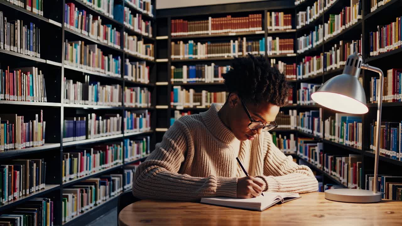A cozy library scene captured from a side angle, featuring a person writing under a lamp