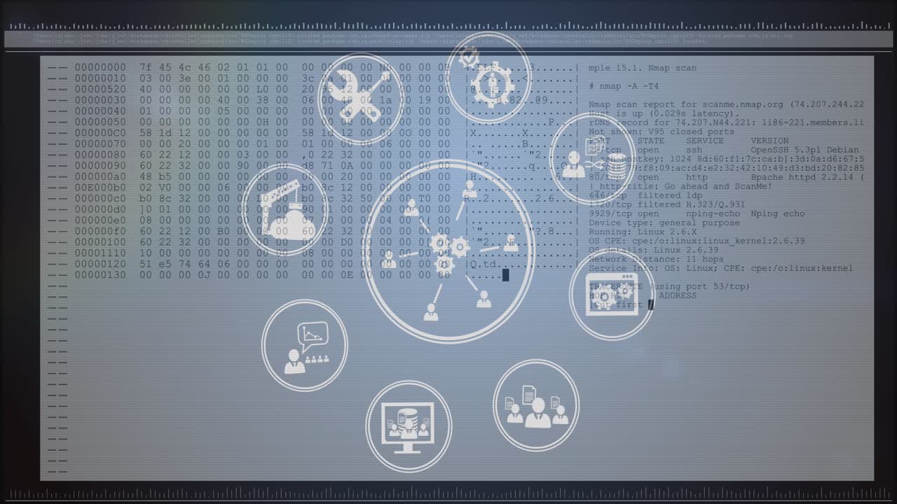 Digital animation of digital interface with data processing against blue background