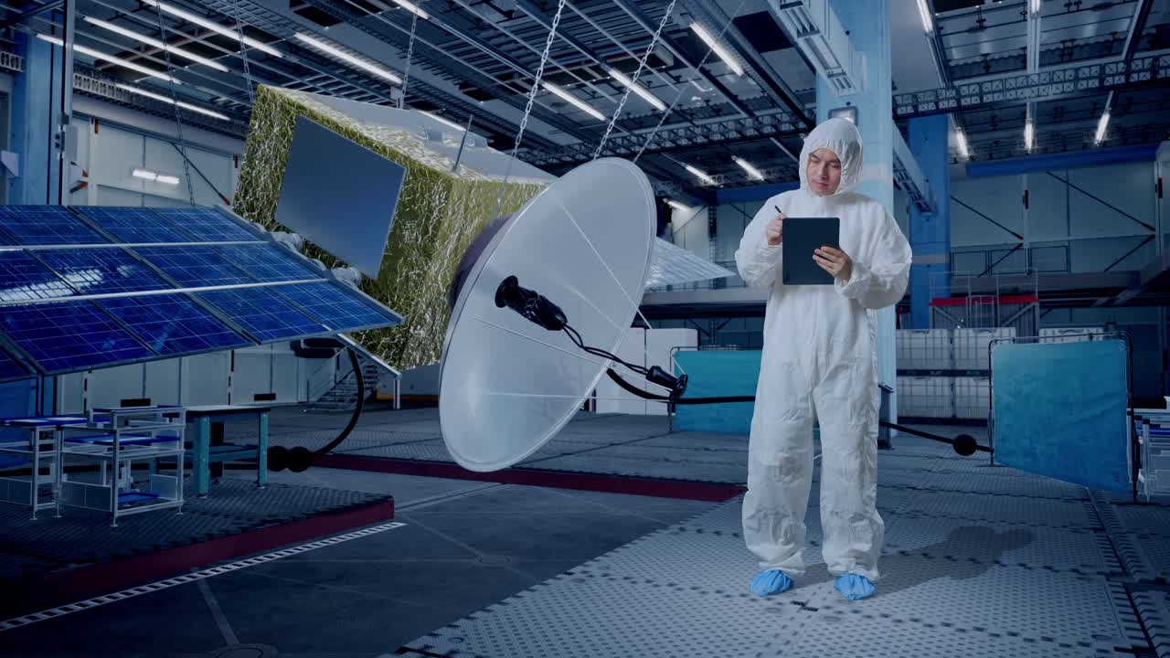 científico masculino asiático de cuerpo completo tomando notas en una tableta mientras está de pie con la construcción de la nave espacial