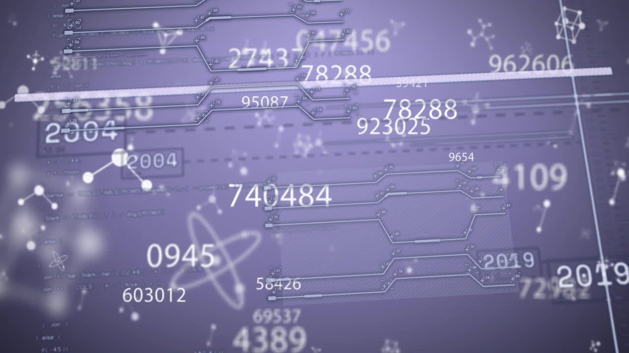 Animation of digital data processing over purple background