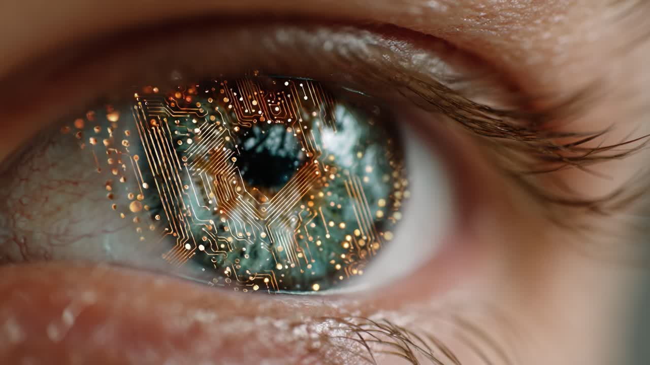 Exploring the Intersection of Humanity and Technology Through an Intricate Close-Up of a Futuristic Eye, Merging Organic and Digital Worlds with Circuitry Reflections