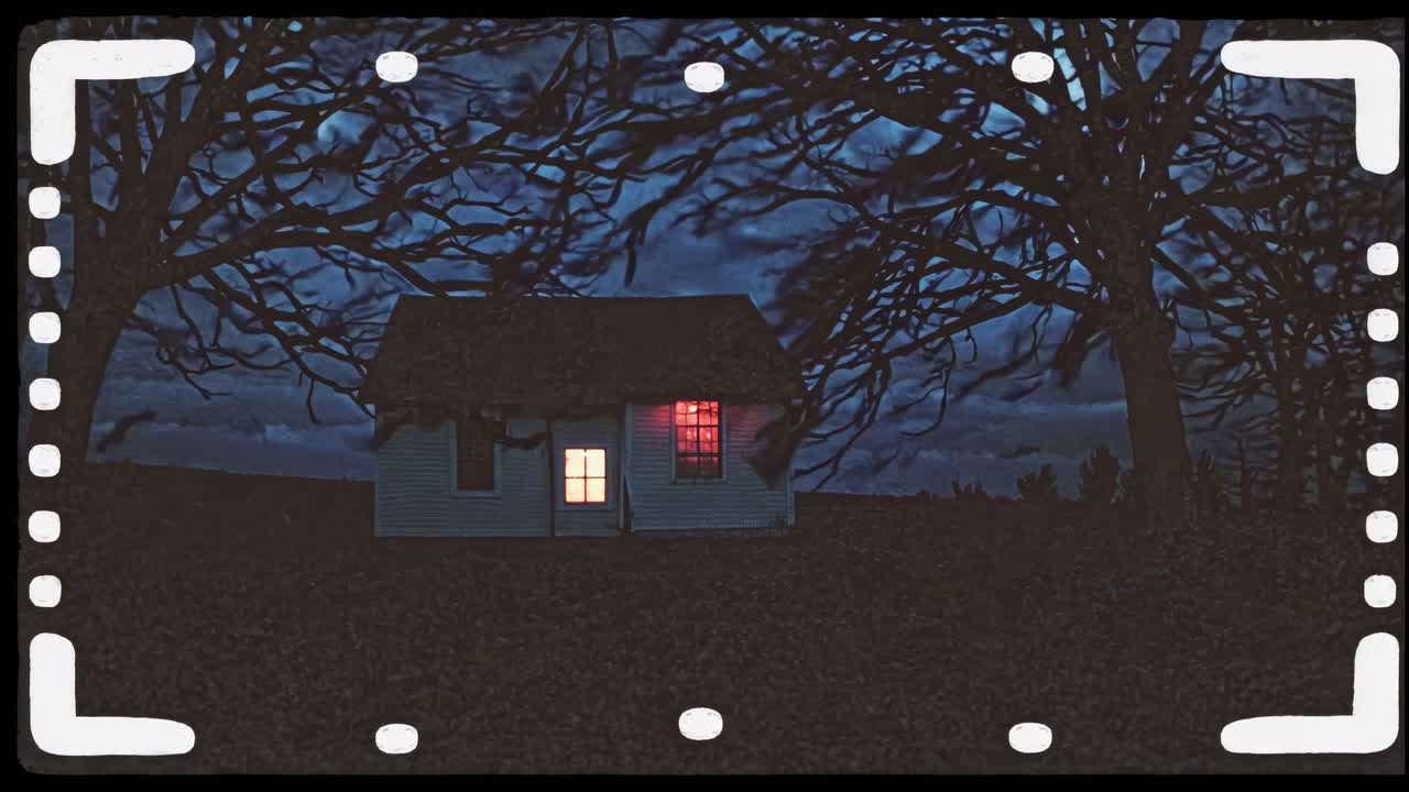 Gloomy and mysterious atmosphere surrounding an isolated house with glowing red windows during a stormy autumn night, creating a haunting and dramatic scene