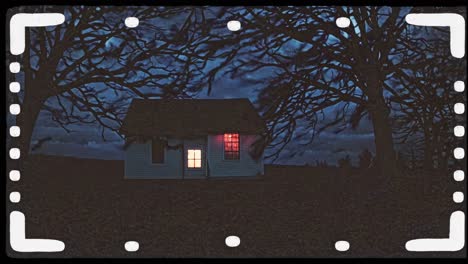 gloomy and mysterious atmosphere surrounding an isolated house with glowing red windows during a stormy autumn night, creating a haunting and dramatic scene