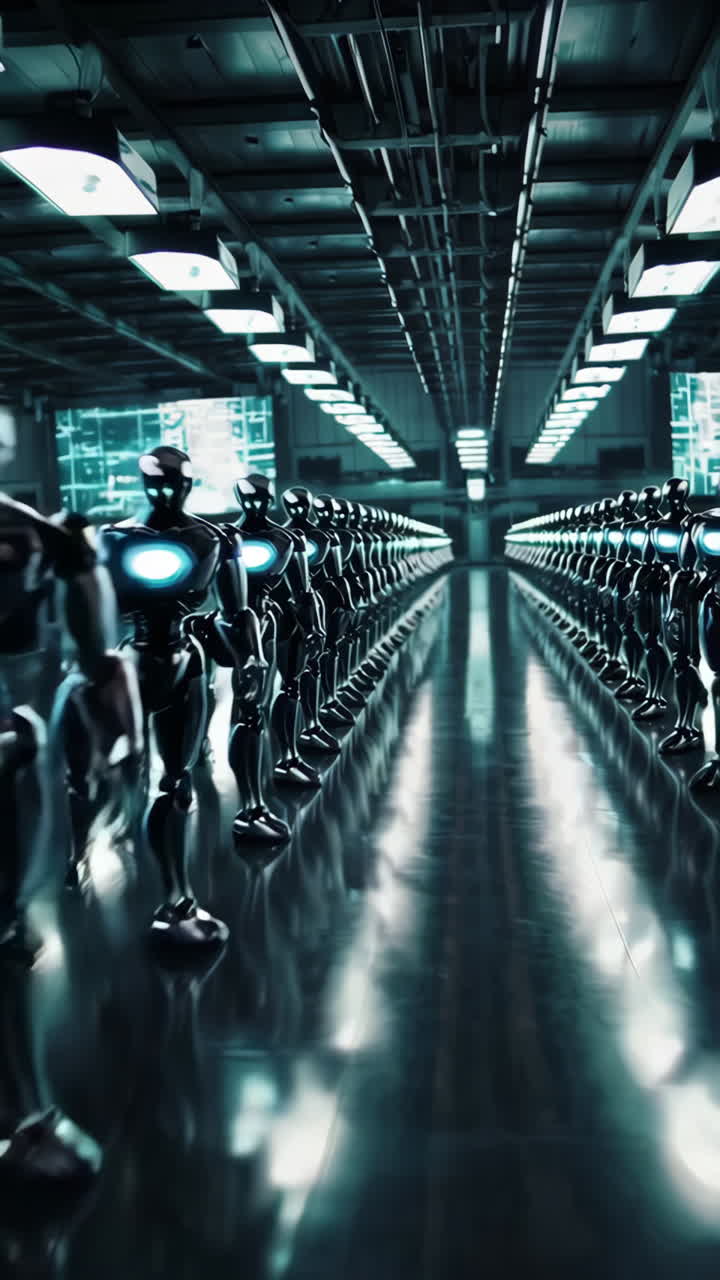 Rows of Robots in a Futuristic Factory