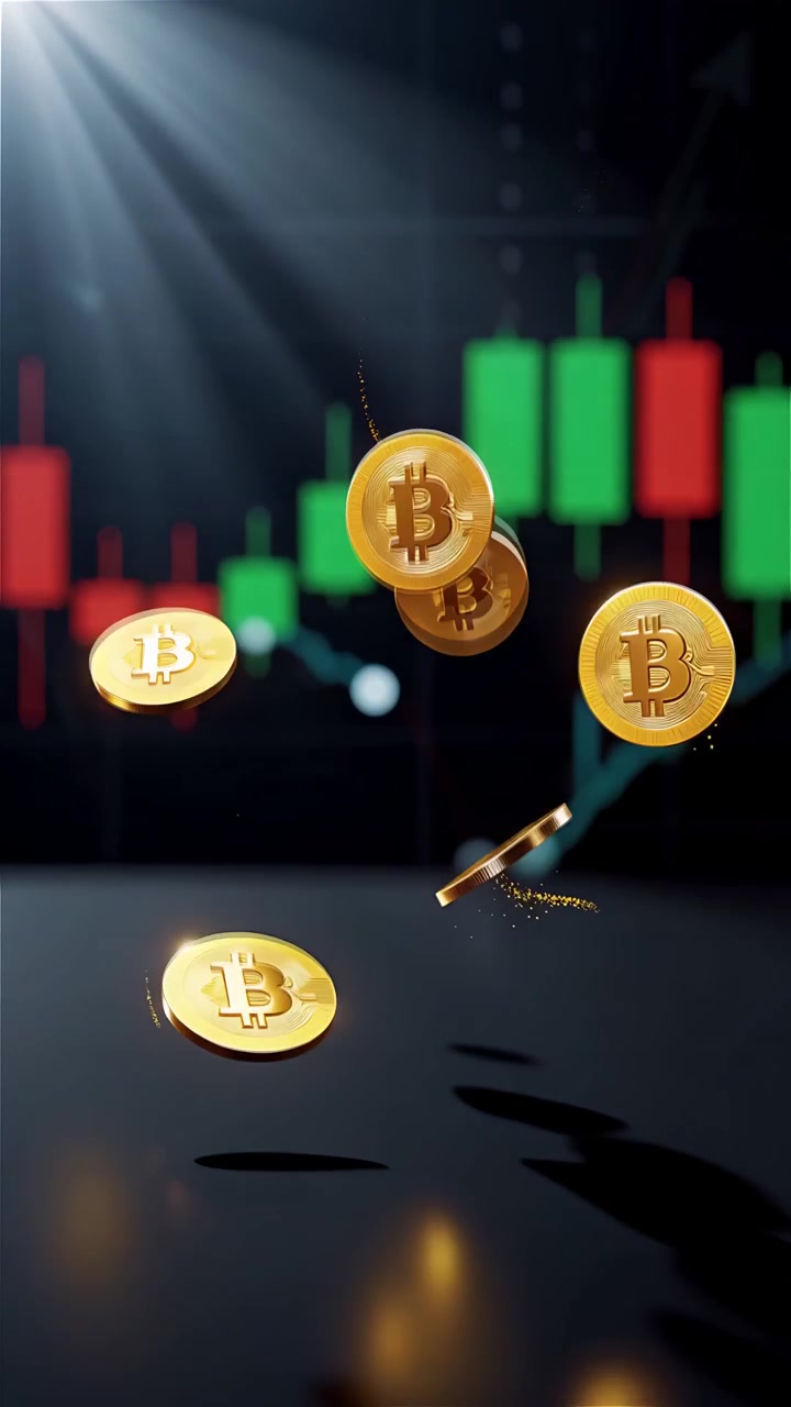 Moedas de Bitcoin douradas com fundo de gráfico de velas desfocado 4K