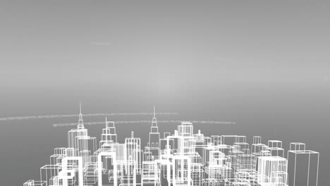 animation of data processing and recording with a 3d city spinning on grey background