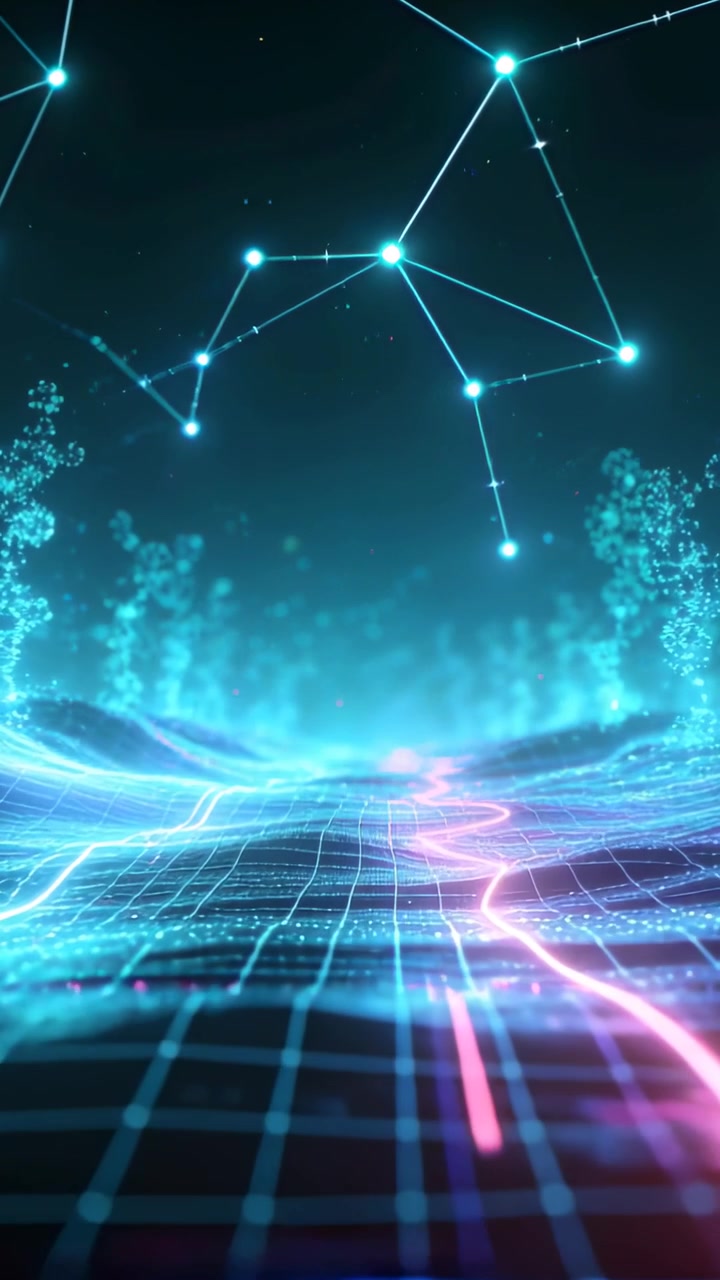 Video verticale: Griglia di fili che si avvia, pulsante lungo un percorso magenta nel cielo, con nodi ciano scintillanti in loop.