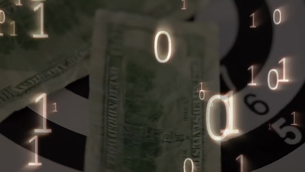 미국 달러 지폐 위의 디지털 바이너리 코드의 애니메이션