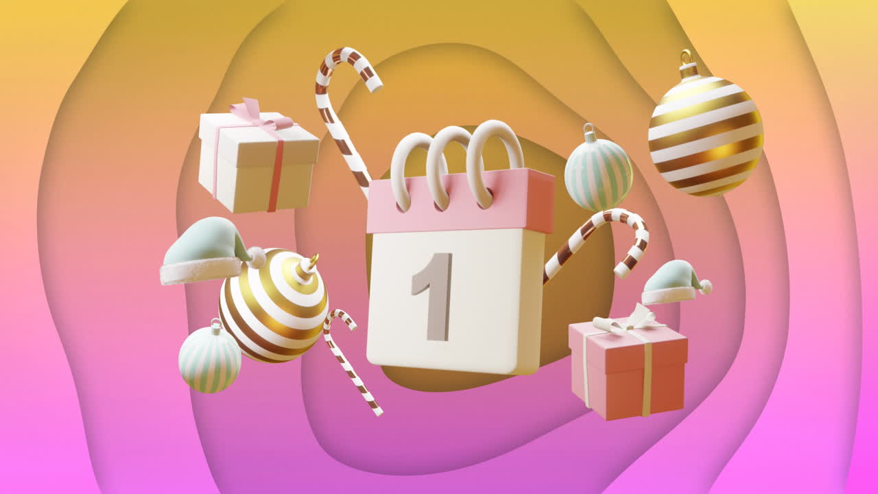 animación de decoraciones navideñas y tarjeta de calendario sobre un fondo colorido