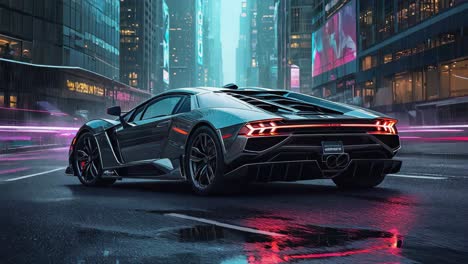 futuristic sports car on a neon-lit city street at night