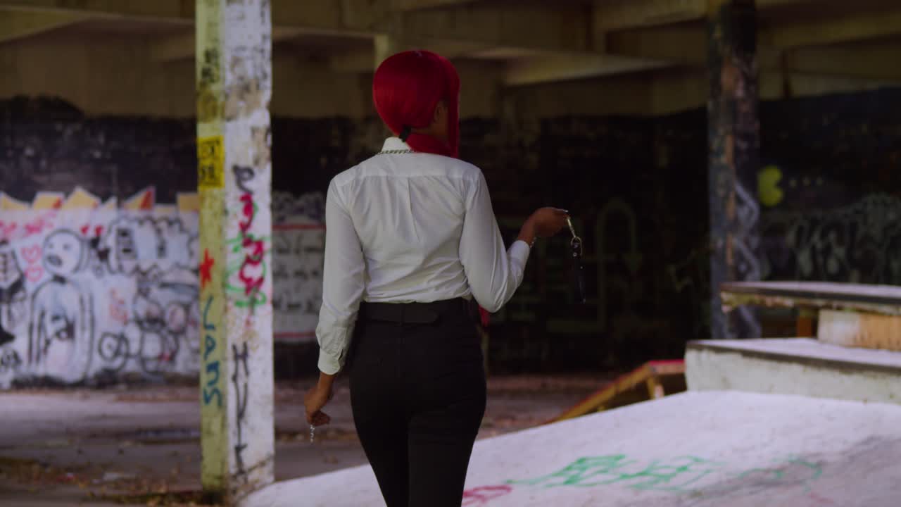 Una ragazza dai capelli rosso fuoco indossa la sua camicia bianca e pantaloni neri in uno skatepark locale, posando davanti a una gigantesca quarter pipe ricoperta di murales.
