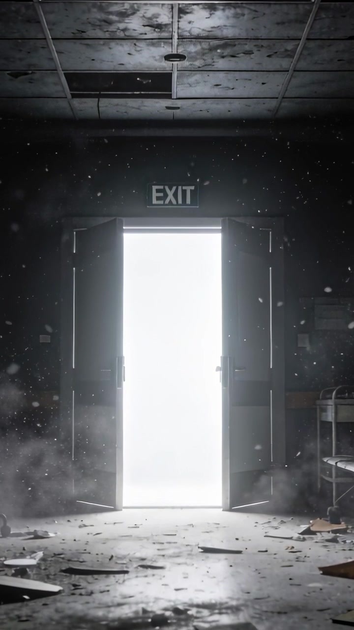 Video verticale: Insegna EXIT luminosa sopra porte aperte che attira luce in una stanza abbandonata, sollevando polvere.