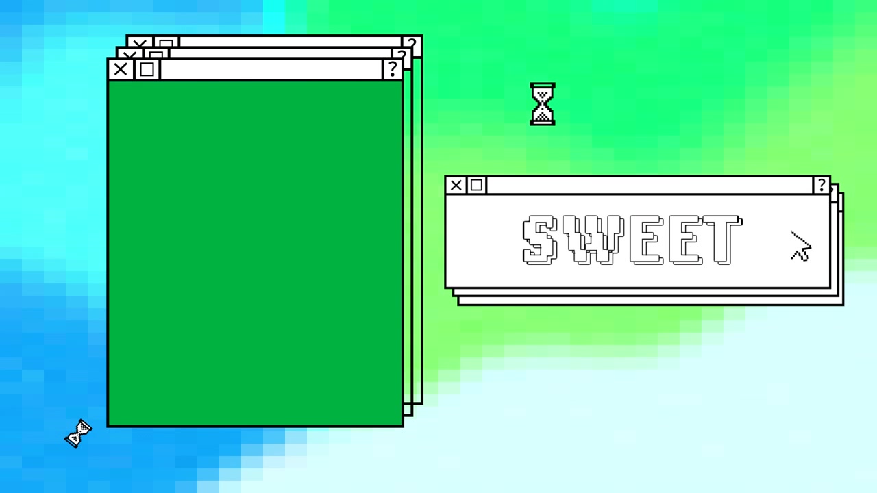 Animazione di finestre dello schermo del computer e testo dolce su sfondo colorato.