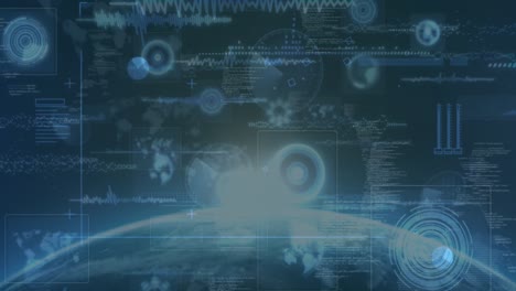 animation of bright light on globe with hud, infographic data processing on digital interface