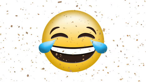 digital animation of confetti falling over laughing face emoji on white background