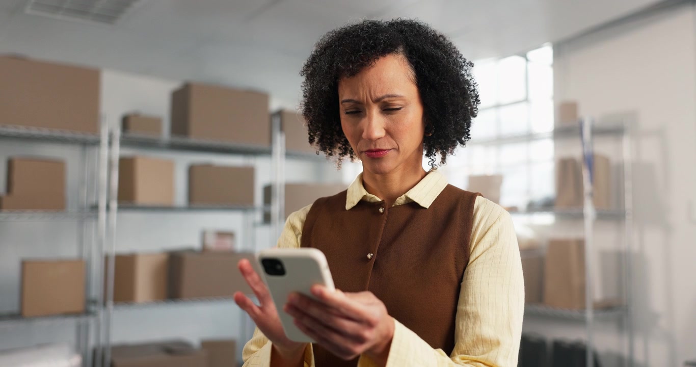 Focused Woman Using Smartphone in Warehouse Storage Facility
